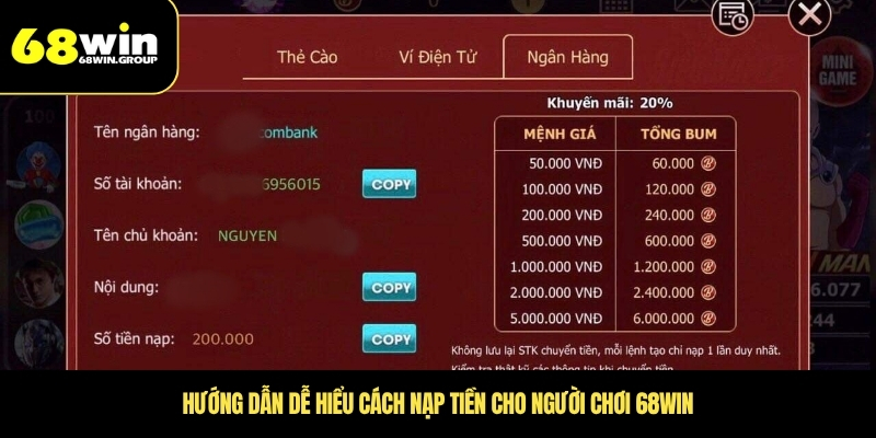 Hướng dẫn dễ hiểu cách nạp tiền cho người chơi 68WIN